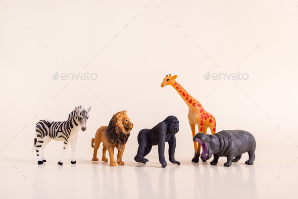 Group of plastic toy animals, Elephant, Tiger, Lion and Cheetah - Miniature plastic toy animals