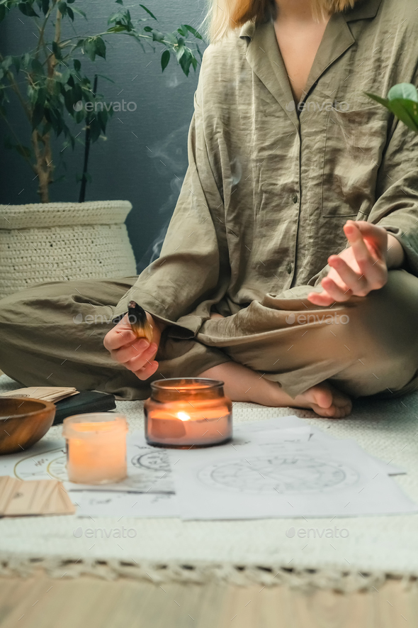 Wellness, spiritual practice with palo santo. Meditation and alternative therapy for mental