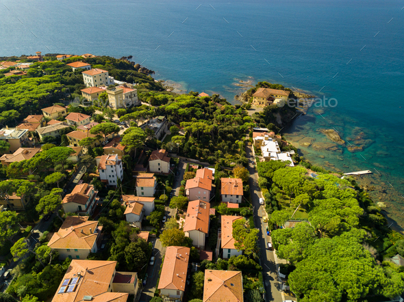Top view of the city and the promenade located in Castiglioncello in Tuscany. Italy, Livorno - Stock Photo - Images