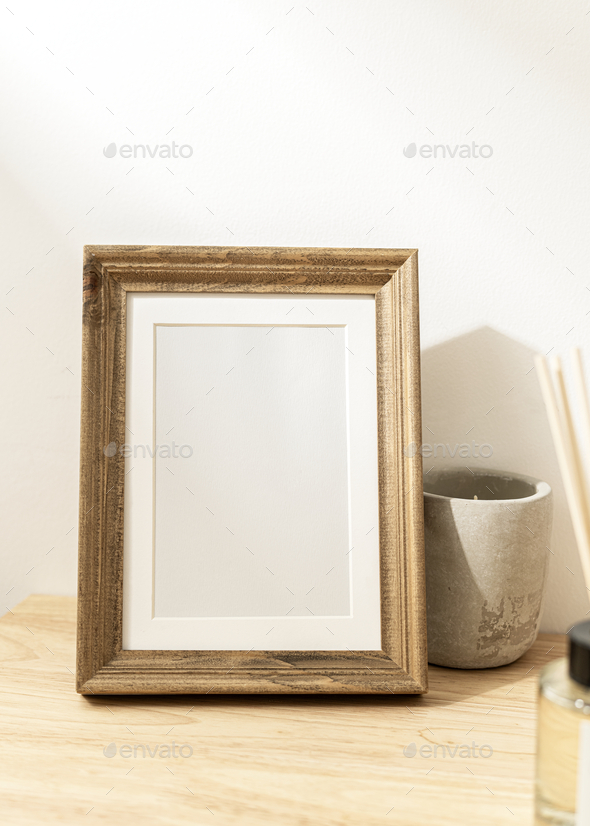 Blank Photo Frames On Wooden Table And White Background Stock Image