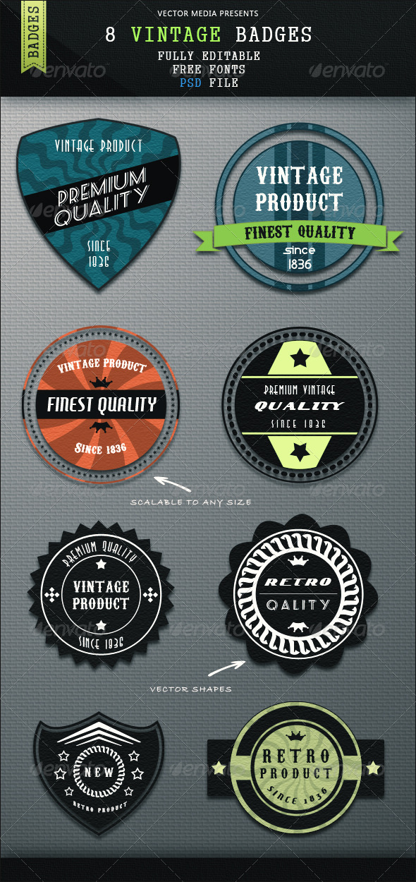 8 Vintage Badges - Badges & Stickers Web Elements