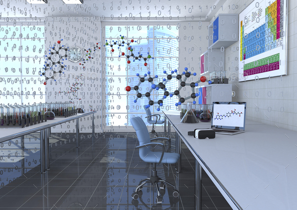 3D Illustration, digital chemistry room