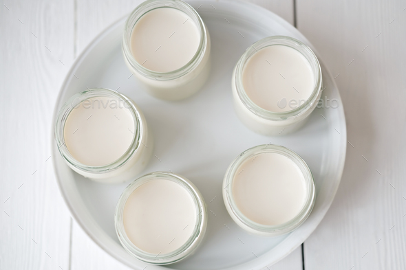 homemade organic yogurt in glass jars in yogurt maker.