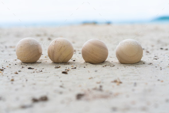 4 blank wood ball mock up at the beach background - Stock Photo - Images