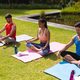 Men and woman in sportswear meditating on exercise mats in park - PhotoDune Item for Sale