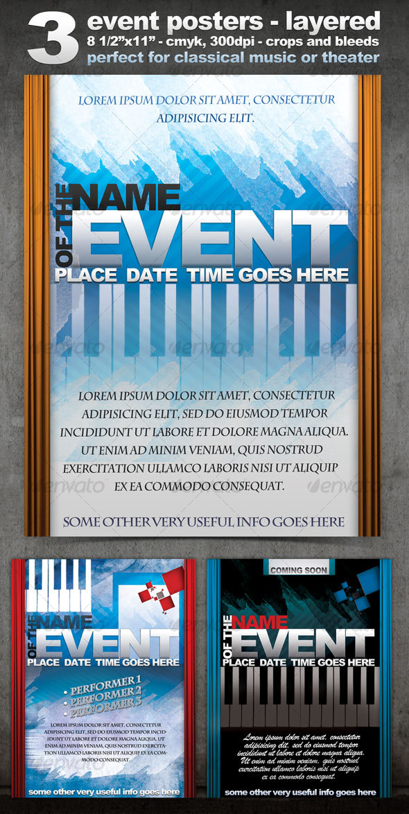 Three Event Flyers/Posters - Layered, CMYK, 300dpi - Clubs & Parties Events