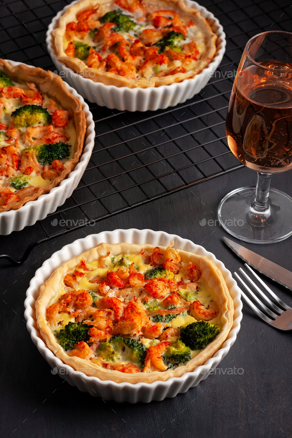 Home made french tart quiche with crayfish and broccoli filled with