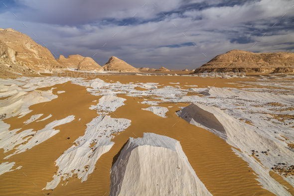 Chalk rocks in the White Desert at sunset. Egypt, Baharia - Stock Photo - Images