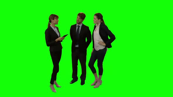 Businesspeople discussing over digital tablet alt