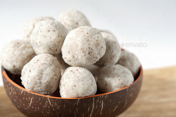 coconut energy balls with almond. healthy sugar free concept. keto diet recipe.
