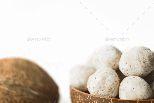 coconut energy balls with almond. healthy sugar free concept. keto diet recipe.