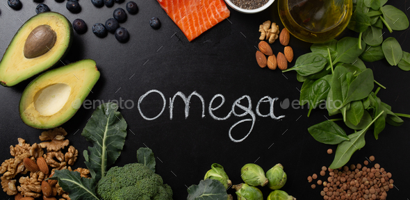 Healthy food background with good fat sources, ingredients rich in Omega−3 fatty acids