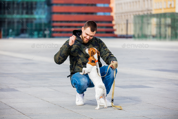 man with his dog, Jack Russell Terrier, on the city street - Stock Photo - Images