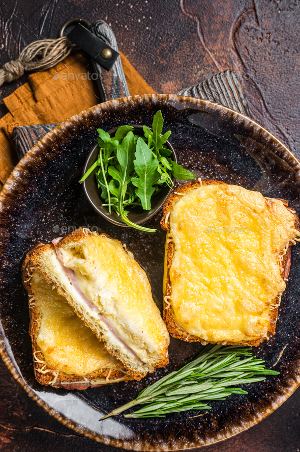 Croque Monsieur toasted sandwich with Cheese, Ham, Gruyere and Bechamel