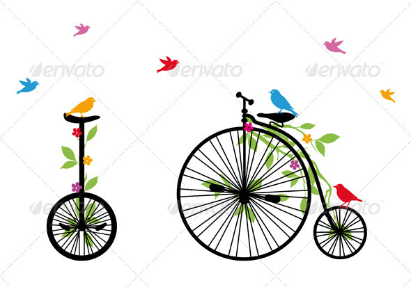 Birds On Old Bicycle, Vector Illustration - Animals Characters
