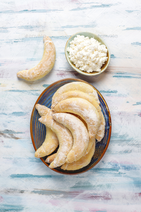 Homemade banana shaped cookies with cottage cheese filling. - Stock Photo - Images