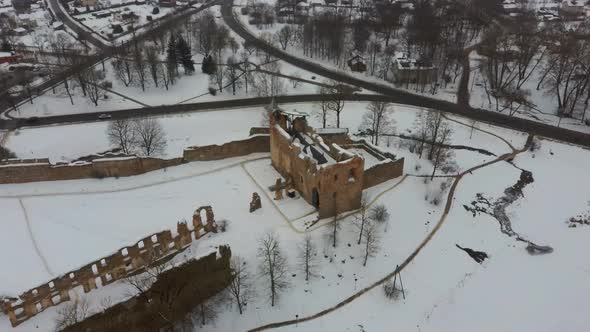 Ruins of Ancient Livonian Order's Stone Medieval Castle Latvia Aerial Drone Top Shot  alt