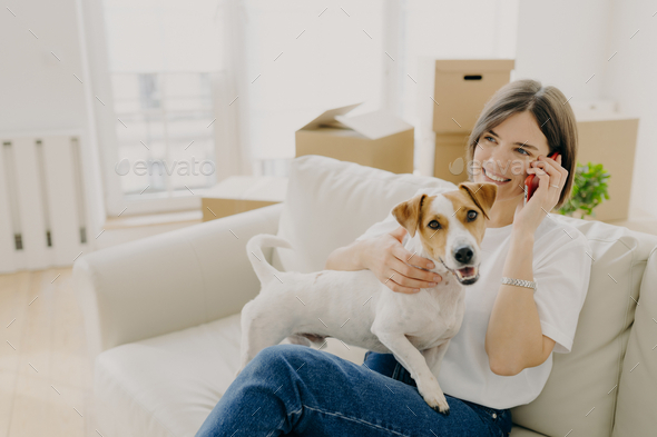 Cheerful woman poses on comfortable sofa, speaks with friend via smartphone, plays with pet