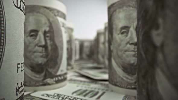 American one hundred dollar paper banknote in close up macro view dolly shot. alt