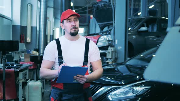 Male Car Mechanic Taking Notes at an Auto Repair Shop alt