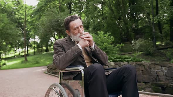 Bearded Man in Wheelchair which Smoking in Green Park while Walking in Daytime alt