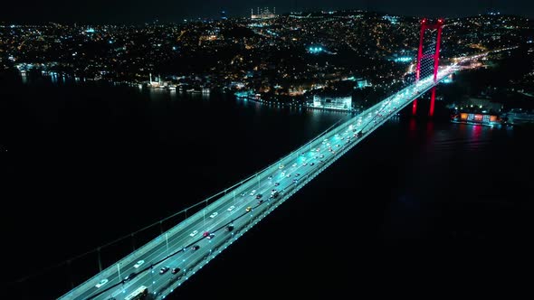 Aerial Night view of Istanbul, Bosphorus with illuminated Bridges.