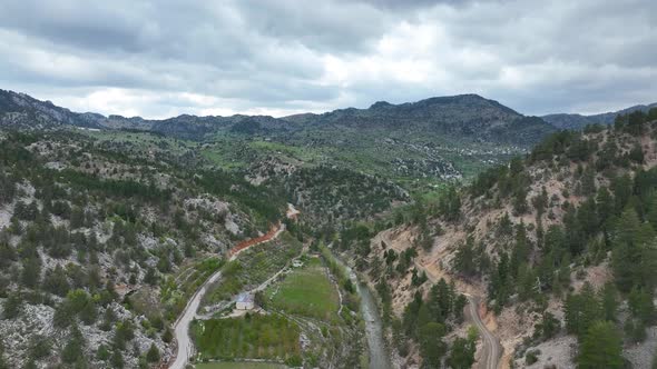 Mountain river high in the mountains aerial view 4 K alt