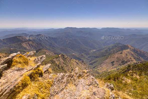 Sunny day over rocks and forest on Mont Aigoual - Stock Photo - Images