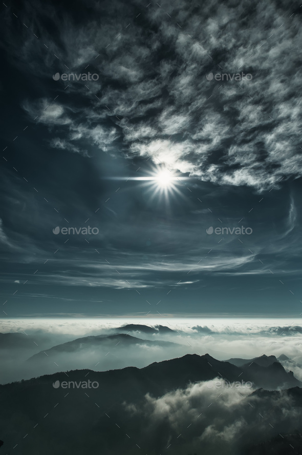 Vertical mountain landscape with fog - Stock Photo - Images