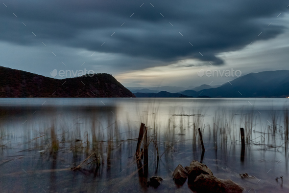 Tranquil view of silhouetted reeds on Lugu Lake at dusk, Yunnan, China
