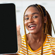 Mobile Offer. Cheerful Black Woman Demonstrating Smartphone With Big Blank Screen - PhotoDune Item for Sale