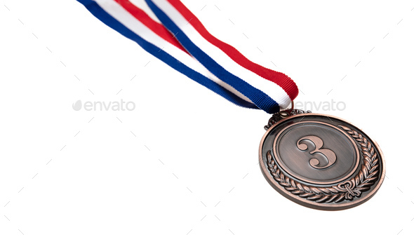 Bronze medal. Champion trophy award and ribbon. Prize in sport for third place isolated on white