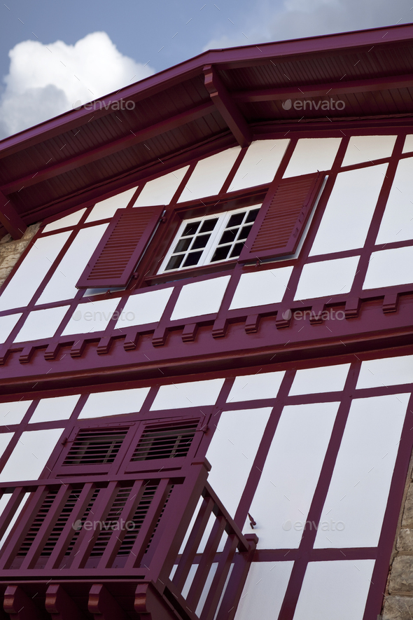Low angle of a facade in Espelette French village - Stock Photo - Images