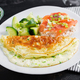 Breakfast. Omelette with green onions and sandwich with salmon on white plate - PhotoDune Item for Sale