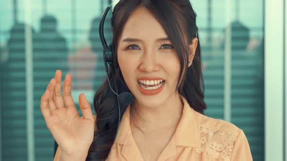 Video Call Camera View of Businesswoman Talks Actively in Videoconference alt