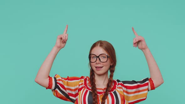 Girl Pointing Empty Place Advertising Area for Commercial Text Copy Space for Goods Promotion alt