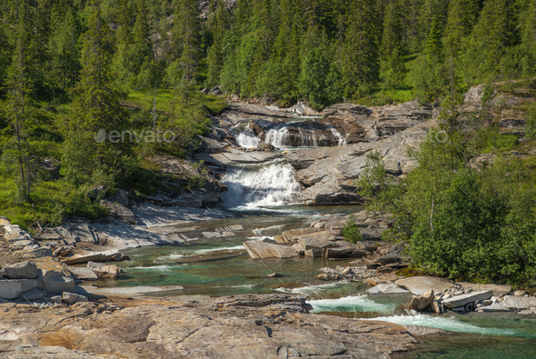 Scenic Waterfalls in the Scenic Nordland County of Norway - Stock Photo - Images