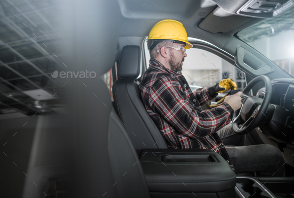 Construction Worker Inside Commercial Pickup Truck - Stock Photo - Images