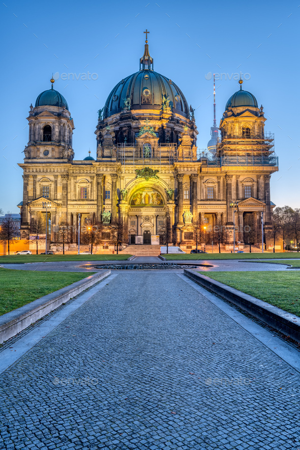 The illuminated Berliner Dom, Germany - Stock Photo - Images