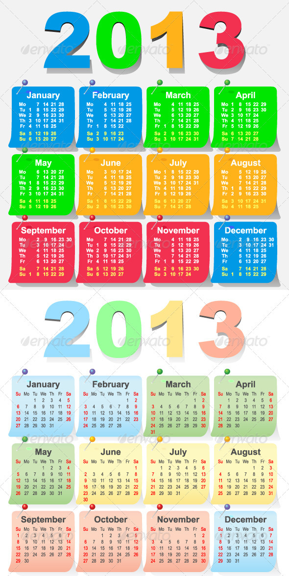 2013 Calendar Design - Week Starts with Monday - Man-made Objects Objects