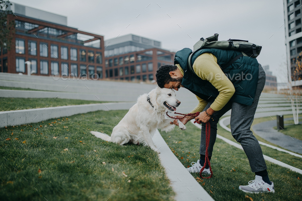 Side view of happy young man training his dog outdoors in city - Stock Photo - Images