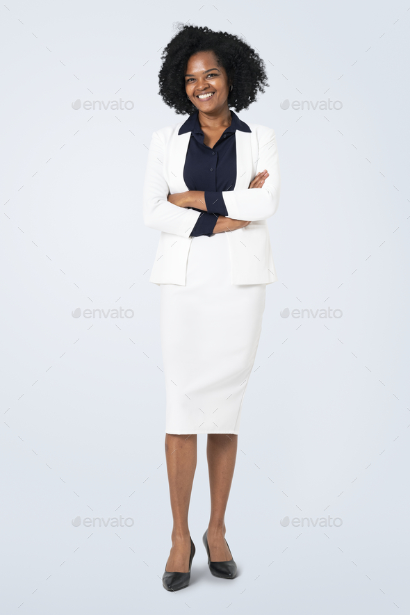 Cheerful African businesswoman full body portrait for jobs and career campaign