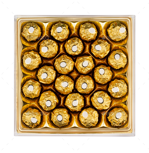 chocolate box with gold wrapping isolated on white Stock Photo by macondoso