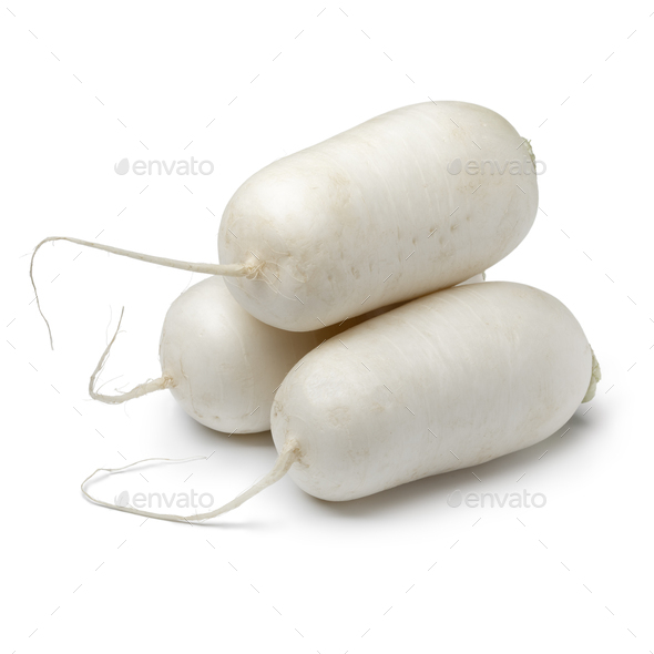 Fresh white whole daikon radish on white background - Stock Photo - Images