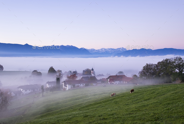 Germany, Bavaria, Pfaffenwinkel, Aidling, Aidlinger Hoehe, morning fog, morning twilight