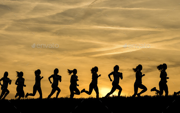 Silhouette of female jogger at sunset, sequence, phases