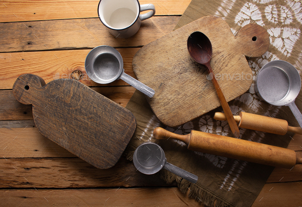 Cutting board on wood background top table. Bread concept - Stock Photo - Images