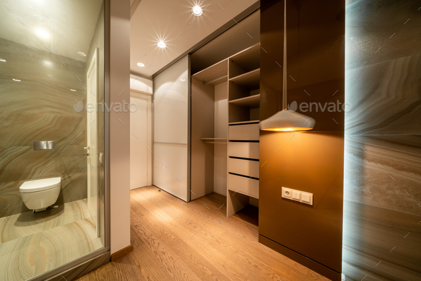 Modern interior, beautiful wardrobe without clothes. Empty wardrobe room with opened shelves