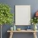 Interior wooden frame mockup on shelf behind the blue wall. - PhotoDune Item for Sale