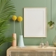 Mock up photo frame green wall mounted on the wooden cabinet. - PhotoDune Item for Sale